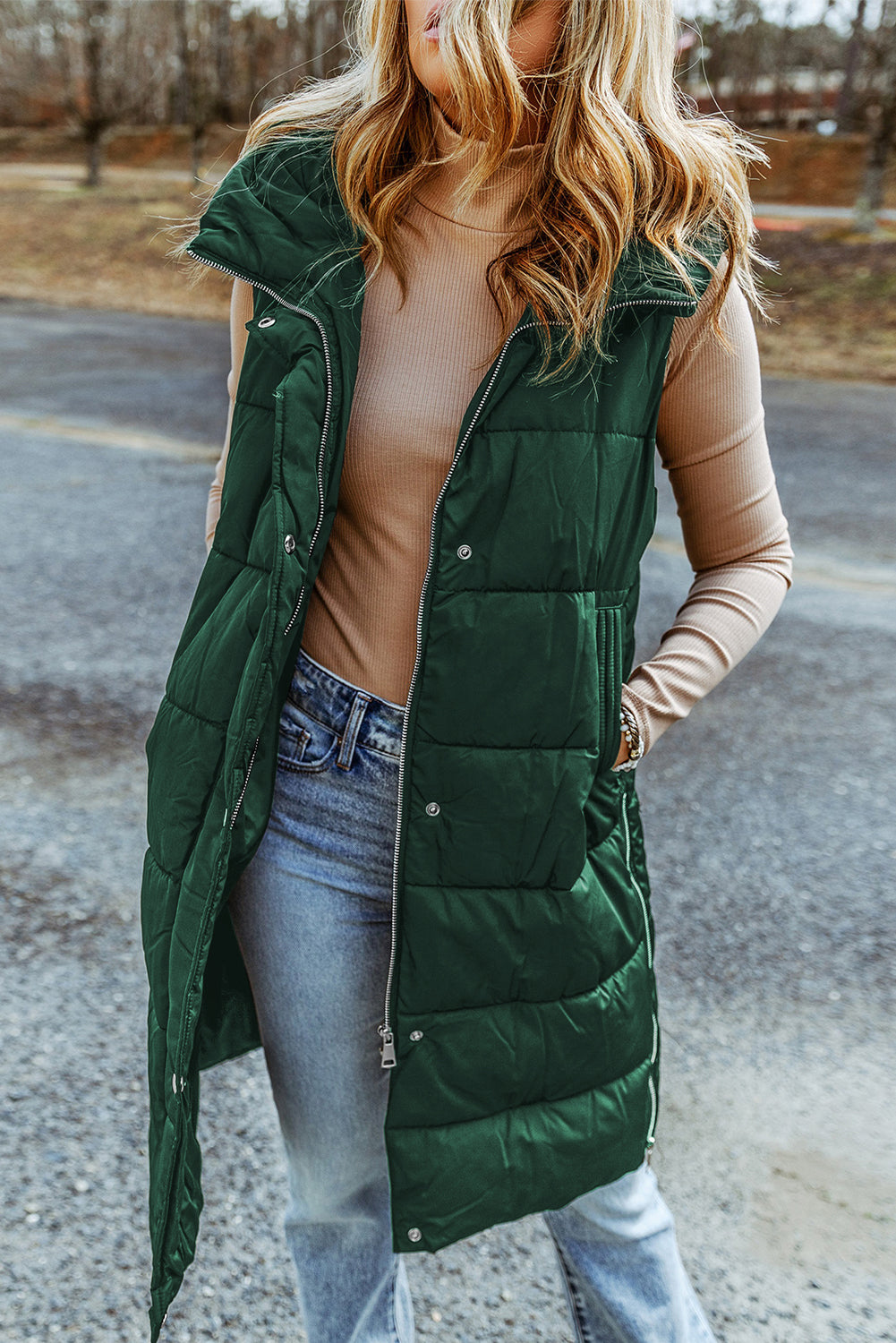 Solid Quilted Long Hooded Vest Coat
