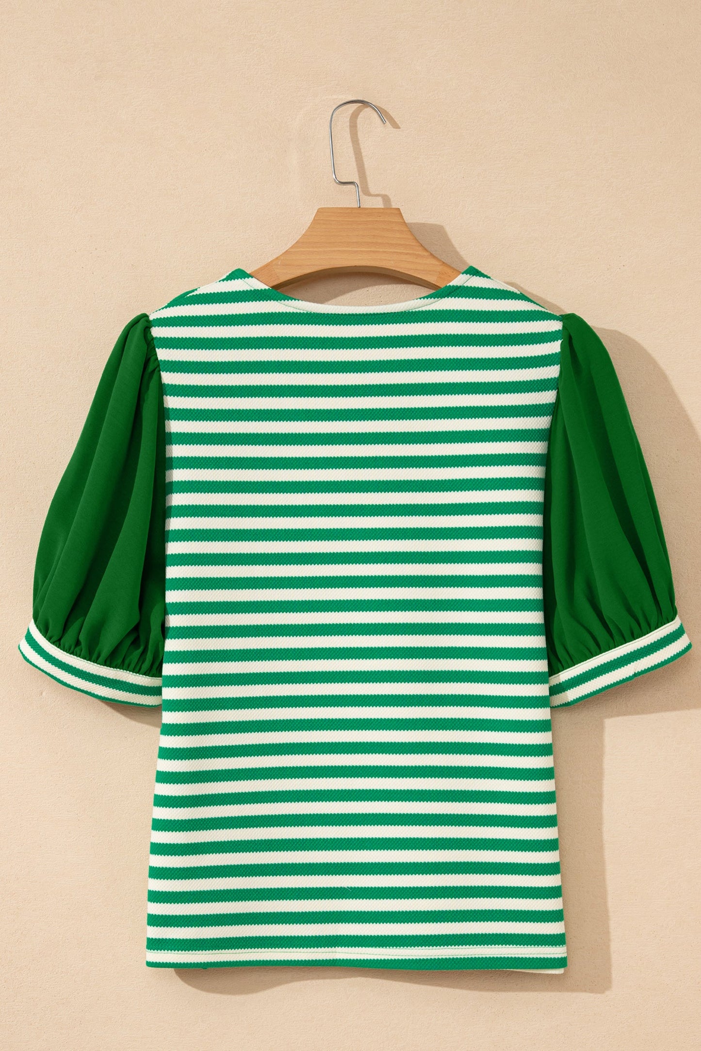 Stripe Patchwork Puff Short Sleeve V-Neck Blouse