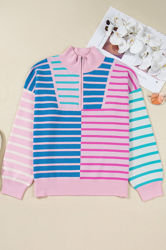 Plus Size Stripe Colorblock Half Zip Sweater