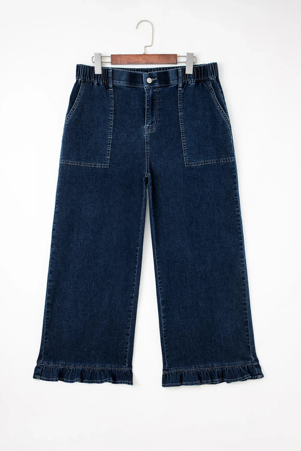 Plus Size Denim Elastic Waist Ruffle Wide Leg Pants