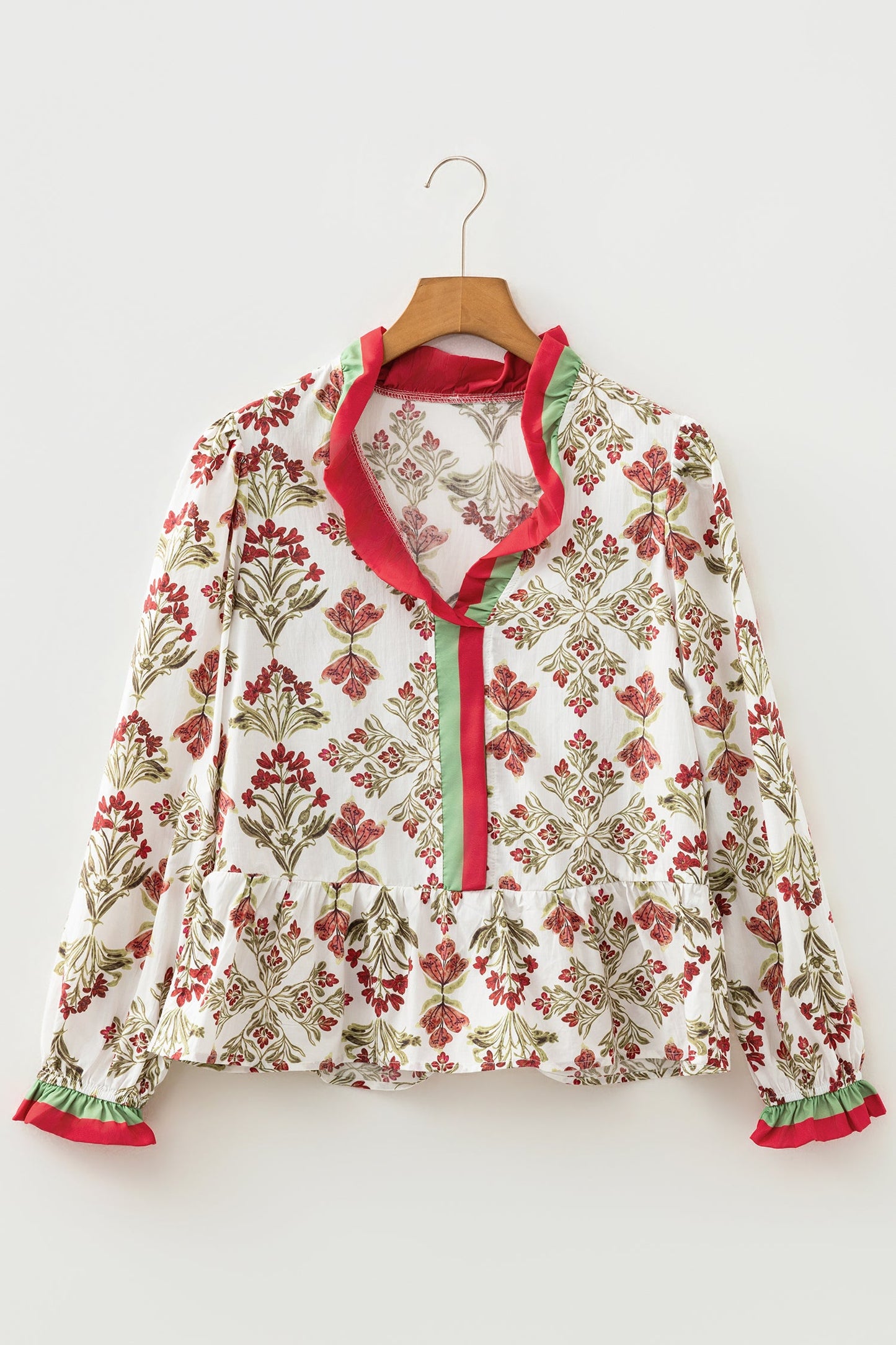 Floral Frilled Colorblock V-Neck Peplum Top