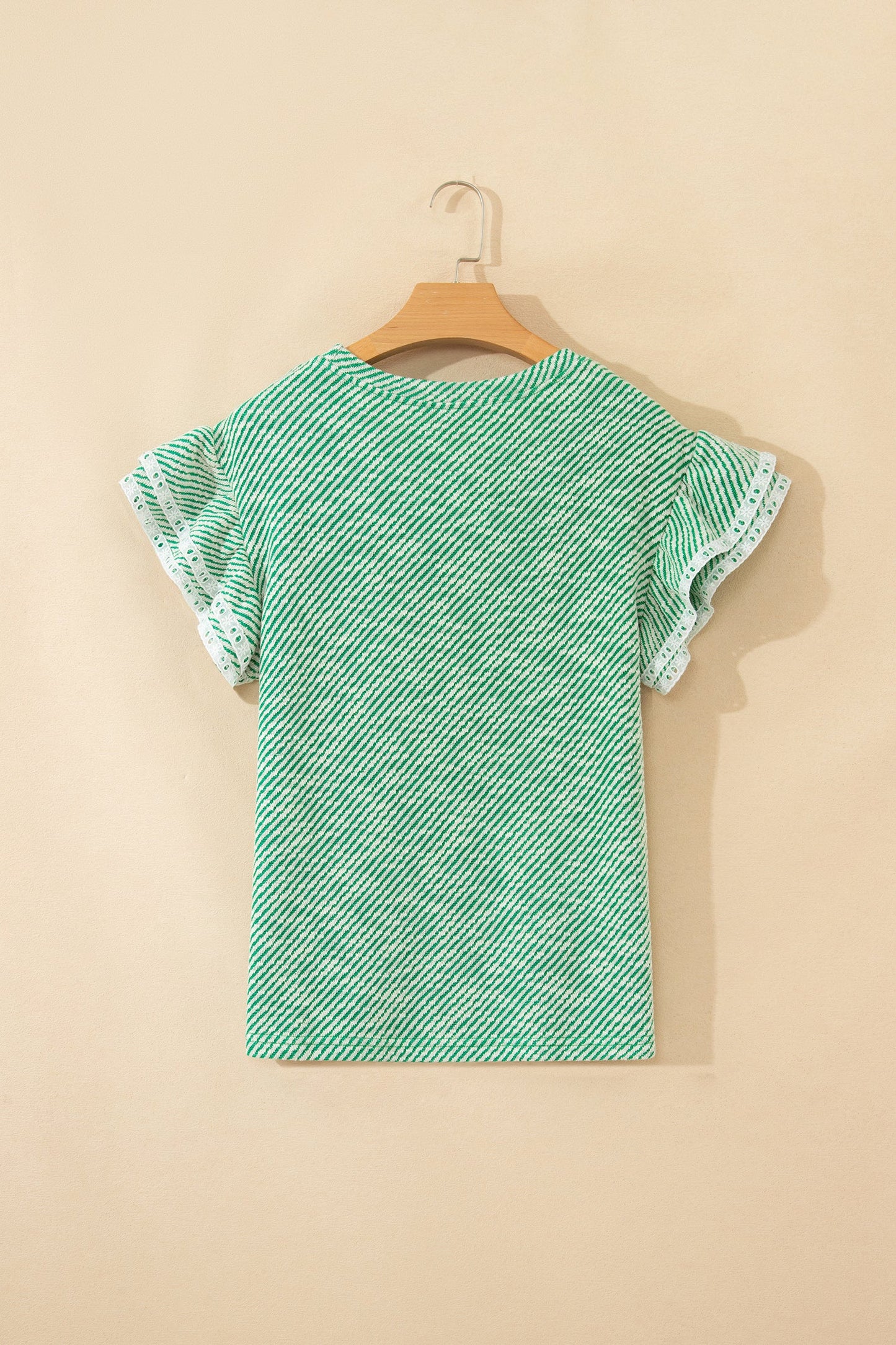 Stripe Twill Ruffle Lace Short Sleeve Blouse