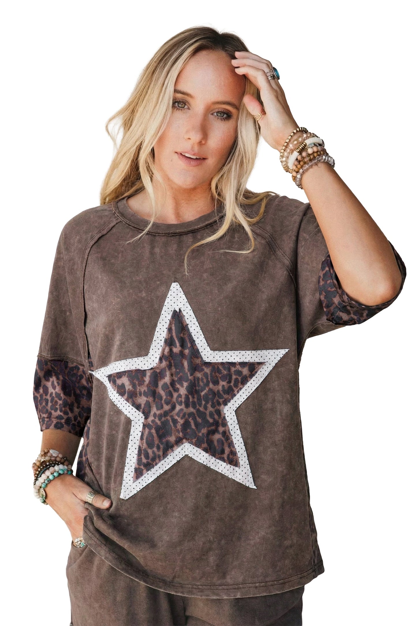 Leopard Star Patched Mineral Wash Exposed Seam T-Shirt
