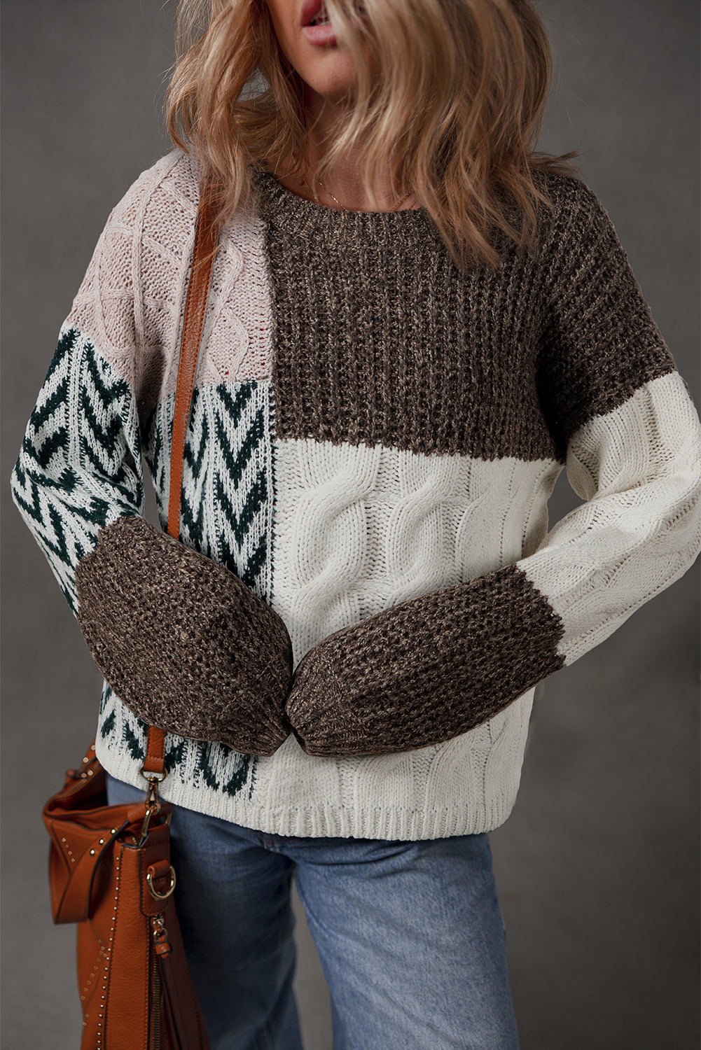 Colorblock Cable Knit Patchwork Tied Back Sweater