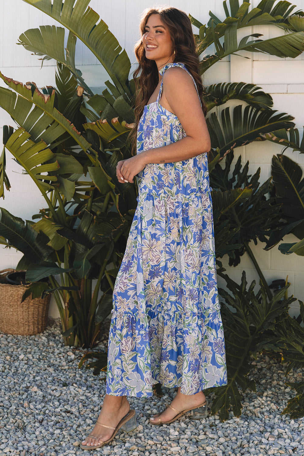 Floral Self-Tie Straps Flowy Ruffle Long Dress