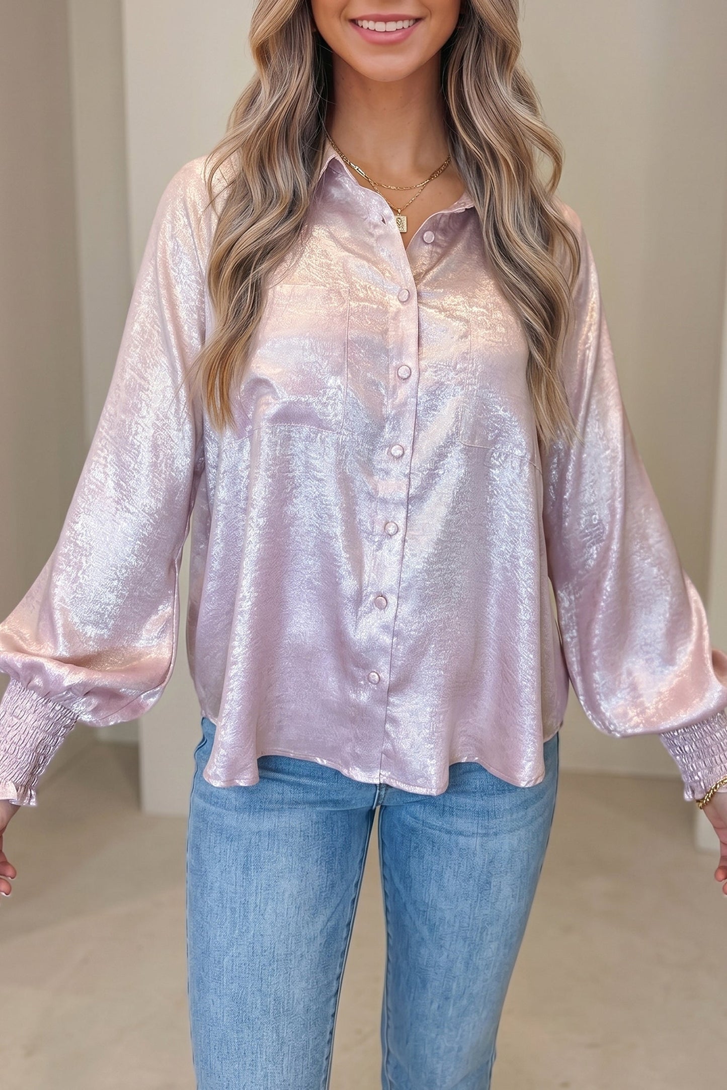 Ruffle Cuff Button Front Back Paneling Long Sleeve Shirt
