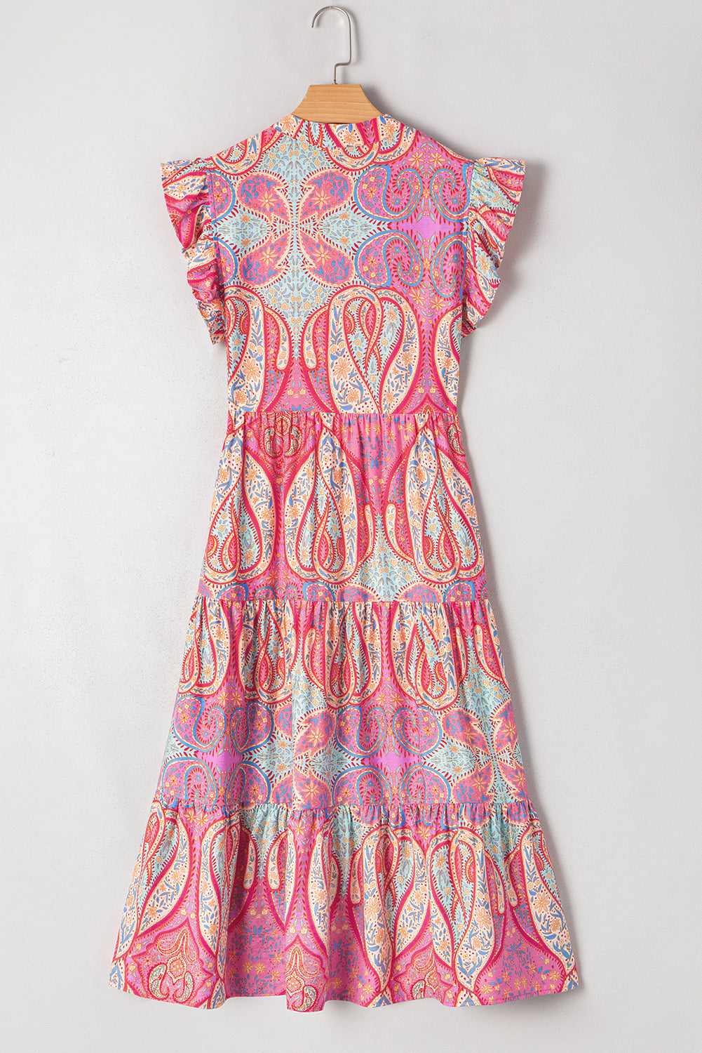 Tribal Paisley Ruffle Sleeve Notch Neck Midi Dress