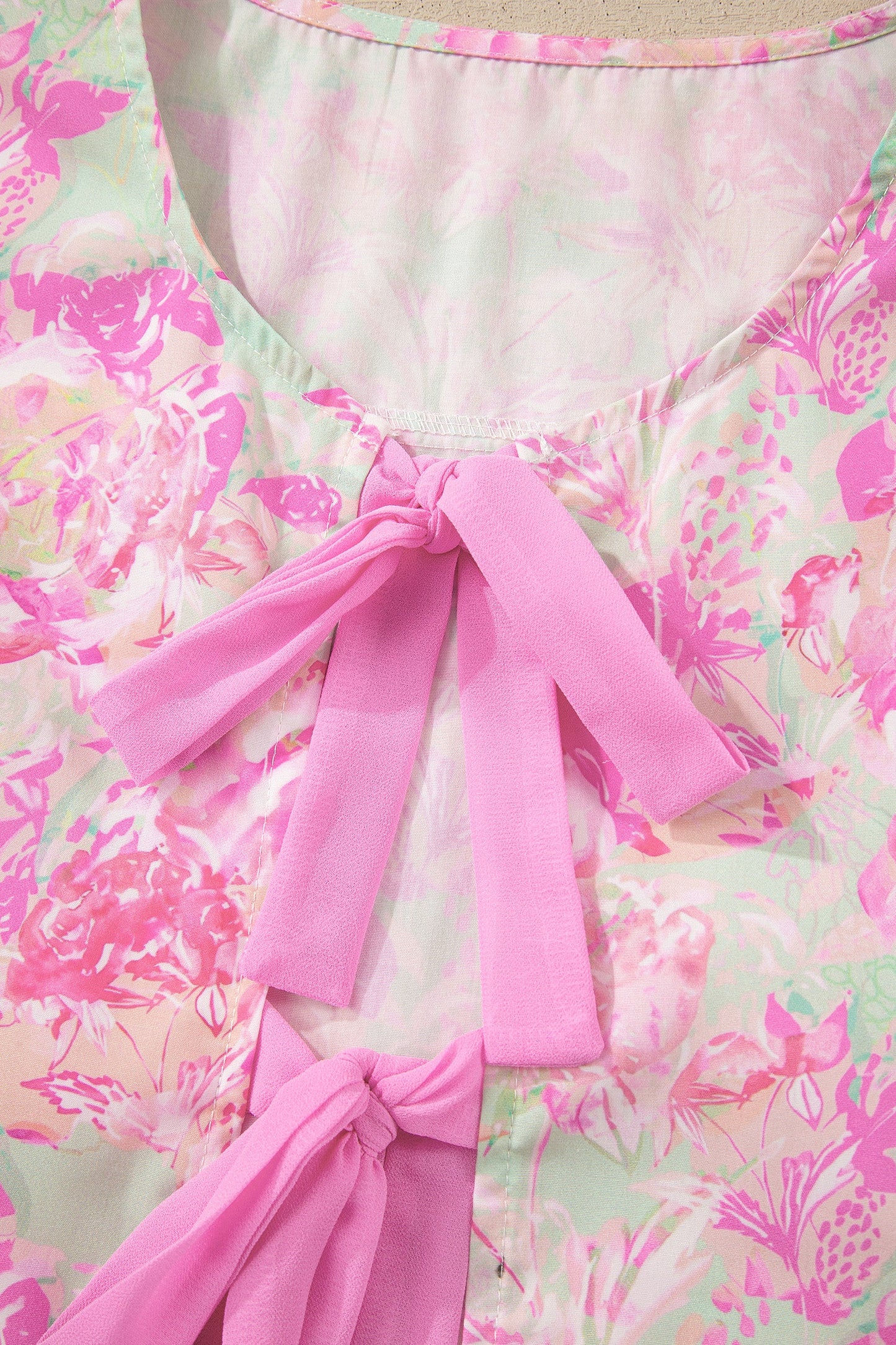 Floral Ribbon Knot Front Puff Sleeve Blouse