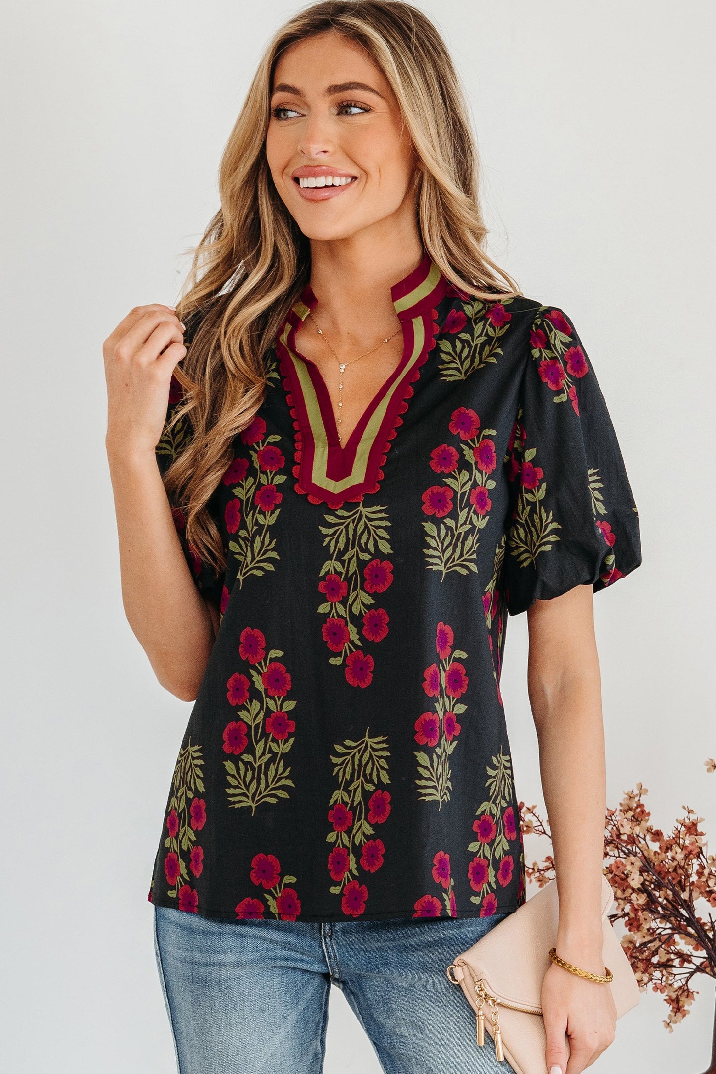 Floral Short Bubble Sleeve Contrast Slit Blouse