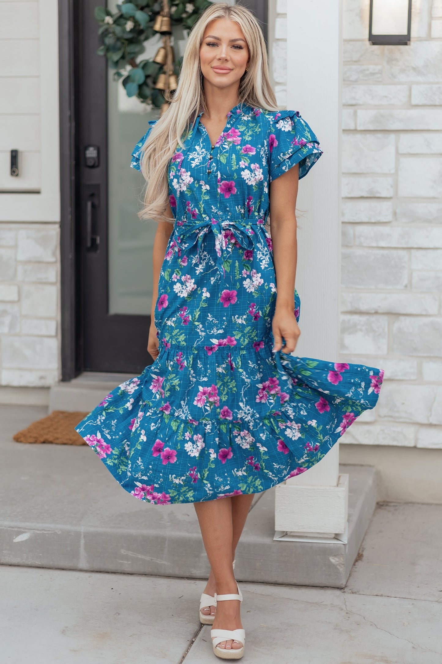 Floral Flutter Sleeve Tie Neck Belted Midi Dress