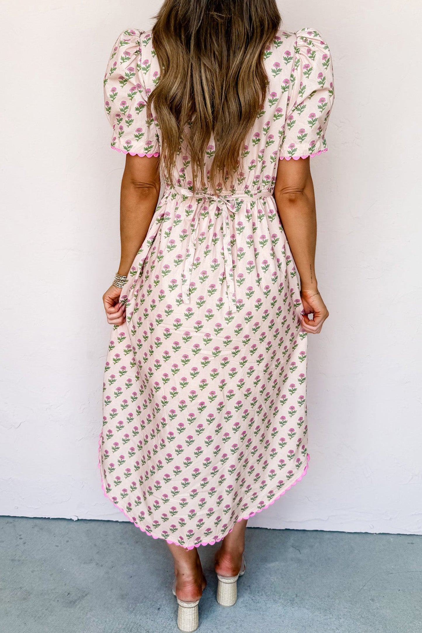 Floral V-Neck Scallop-Trim Button-Front Long Dress