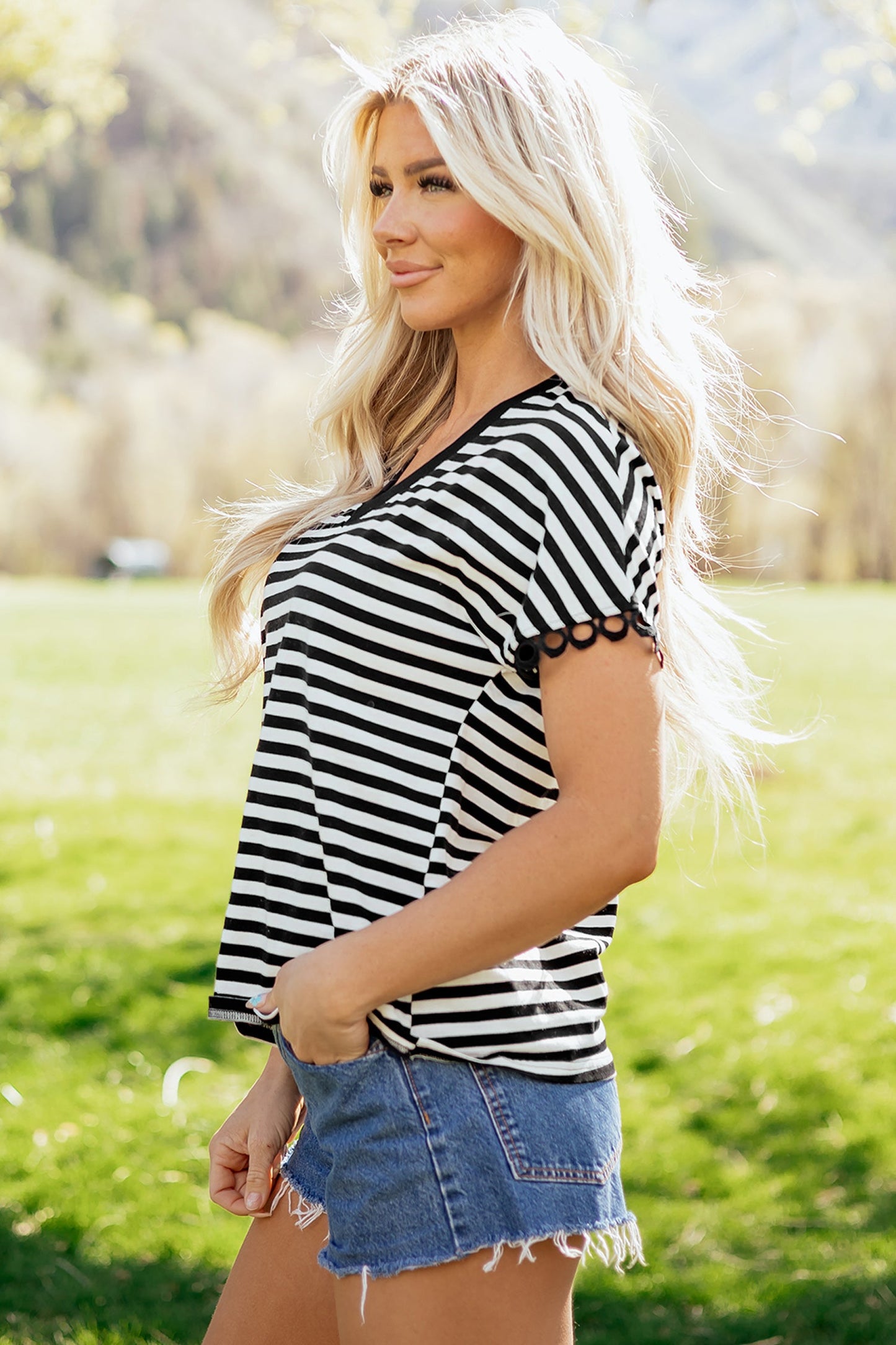 Stripe V-Neck Lace Trim Short Sleeve Tee