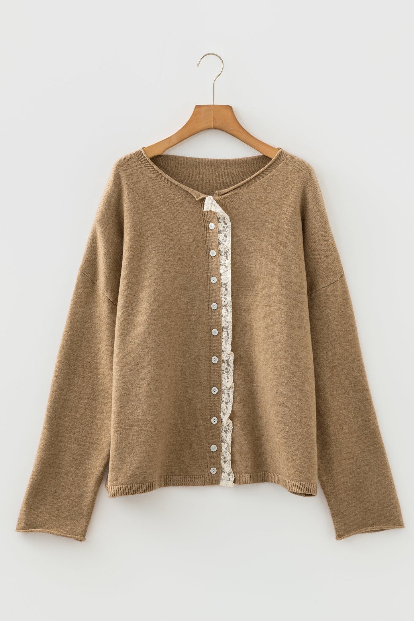 Contrast Frilled Lace Trim Loose Cardigan Sweater