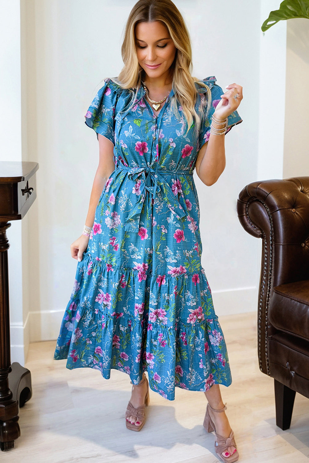 Floral Flutter Sleeve Tie Neck Belted Midi Dress