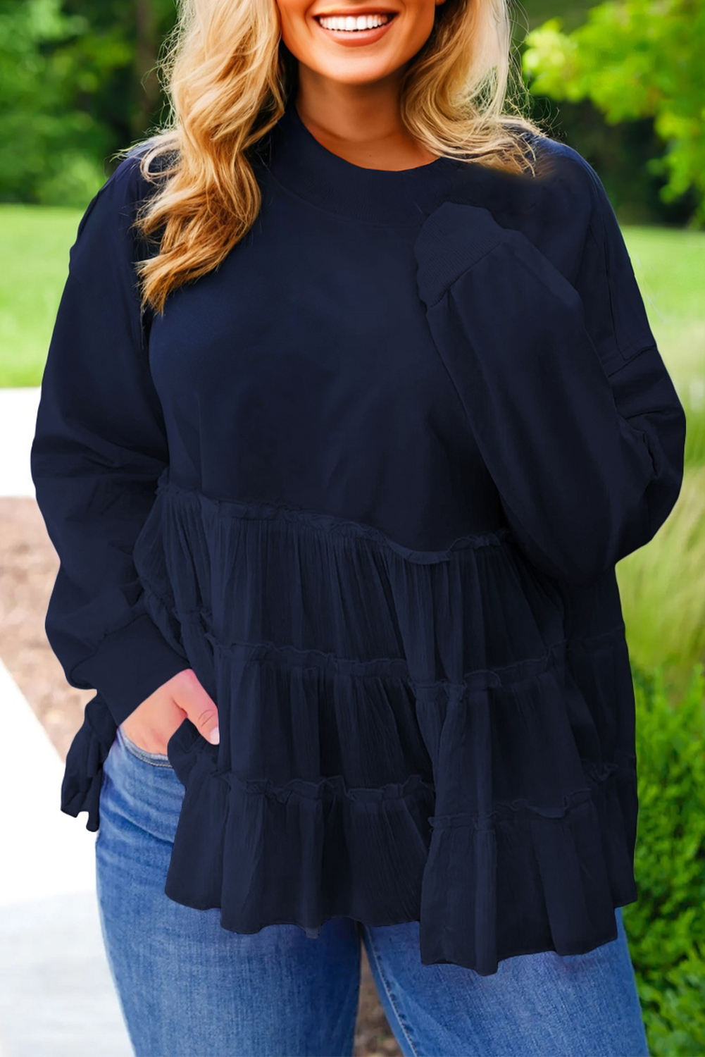 Plus Size Solid Ruffle Tiered Ribbed Crewneck Top