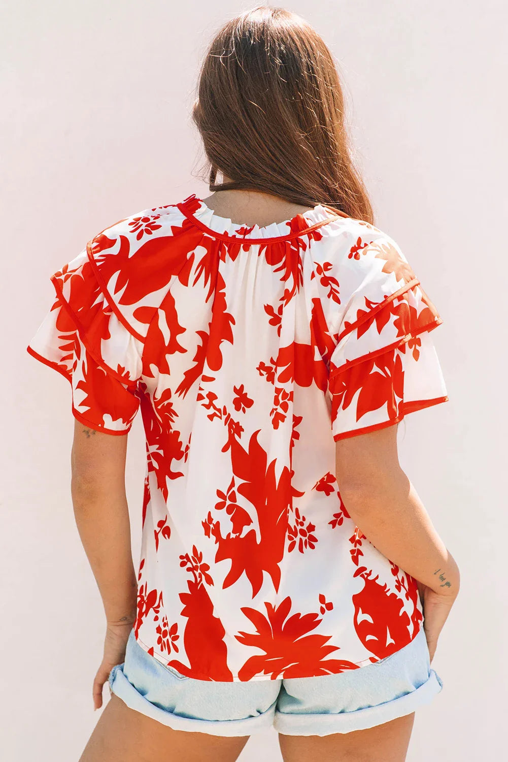 Plant Tiered Ruffle Sleeve V-Neck Blouse
