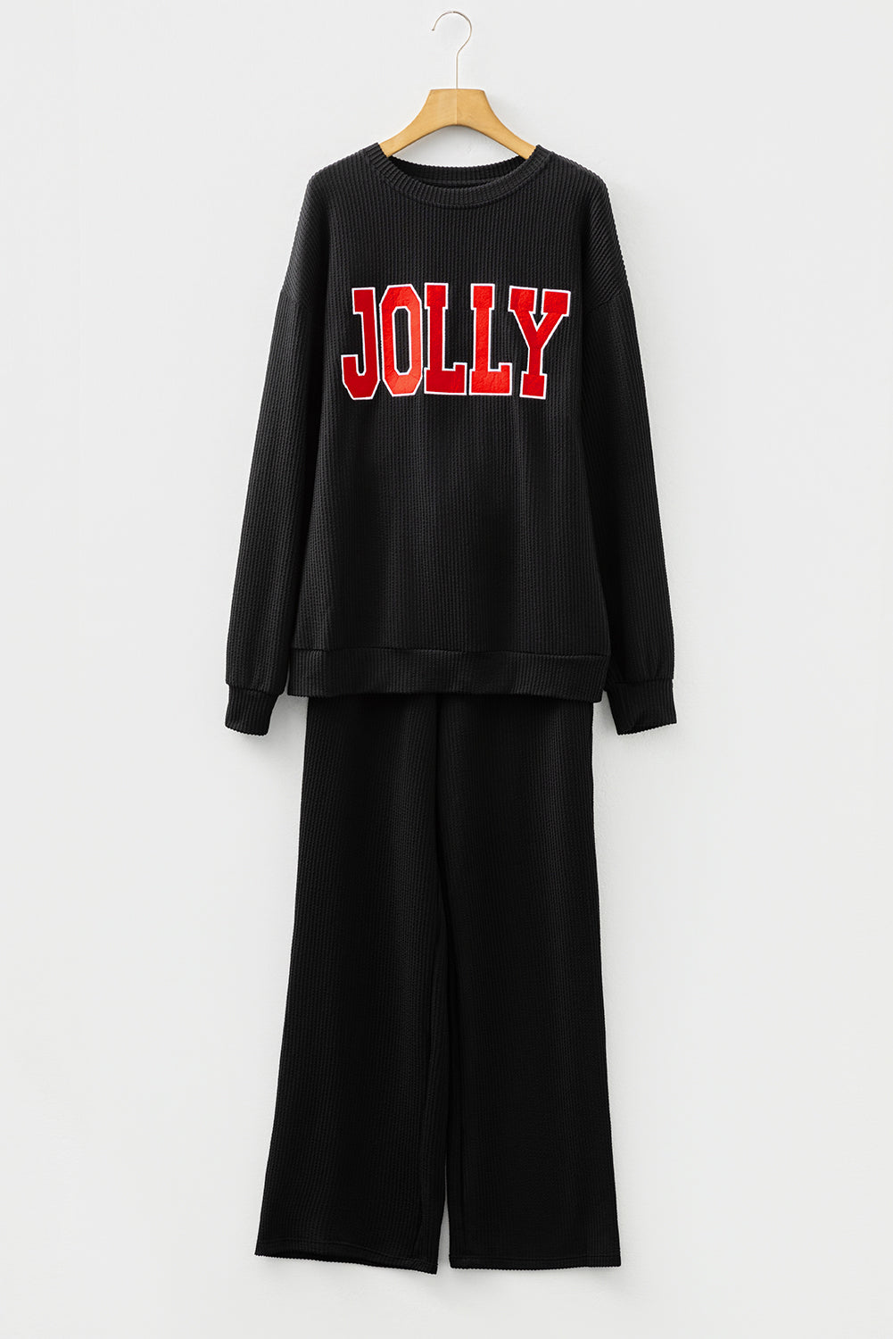 Christmas Letter Print Corded Knit Top & Pants Set