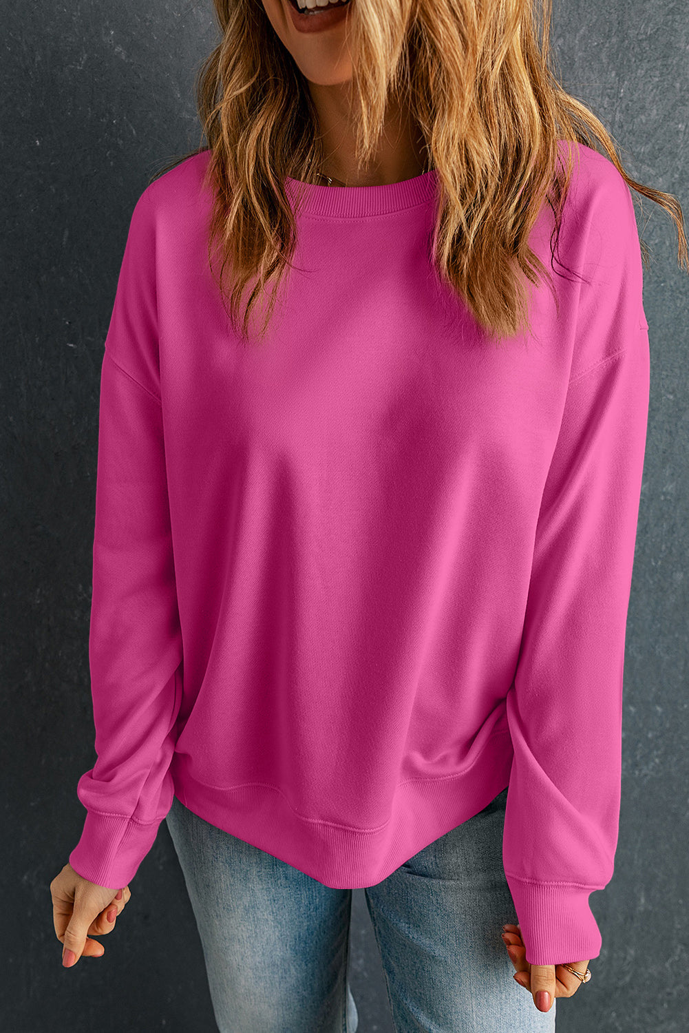 Solid Drop Shoulder Crewneck Pullover Sweatshirt