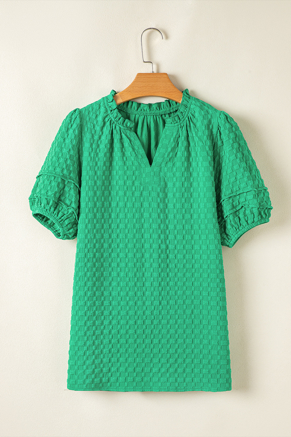 Textured Puff Short Sleeve Notch V-Neck Top
