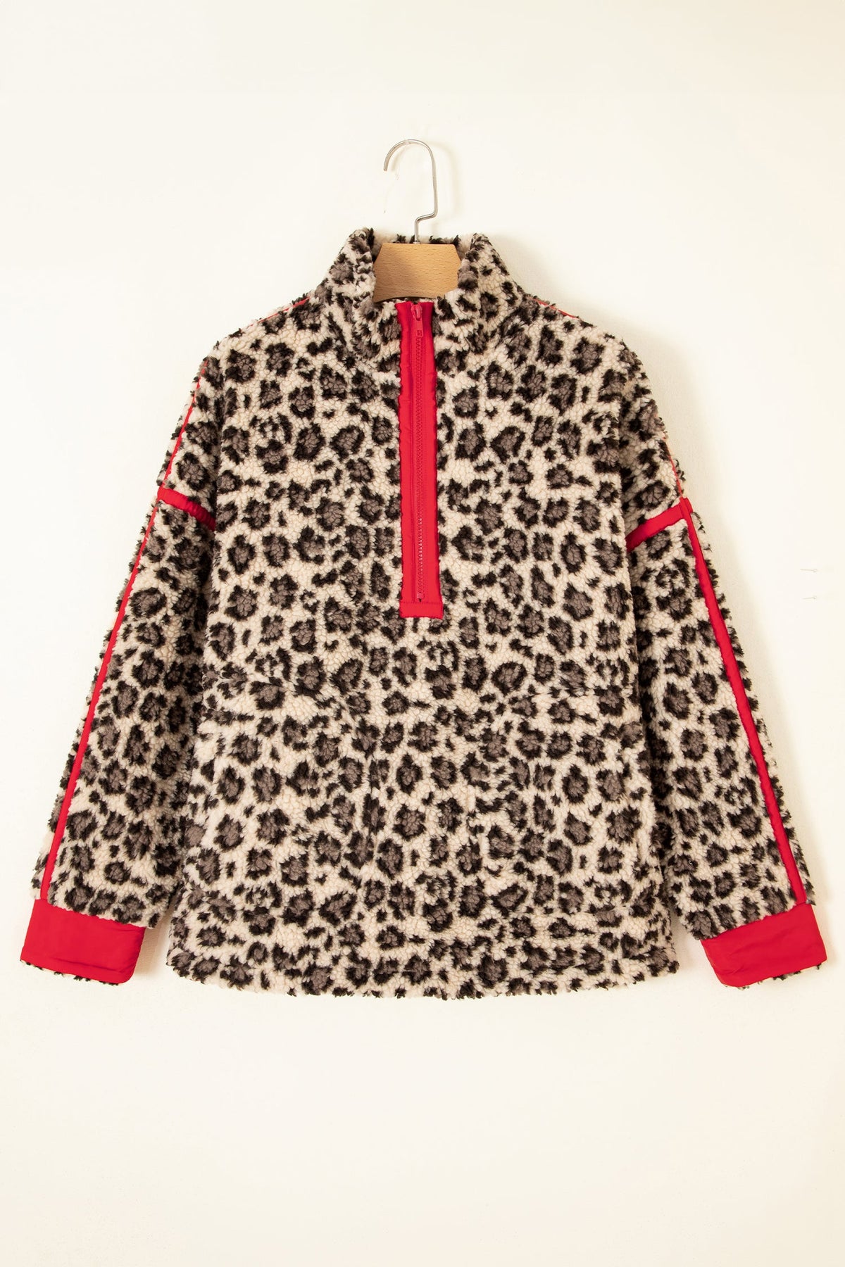 Leopard Fleece Contrast Trim Half Zip Sweatshirt