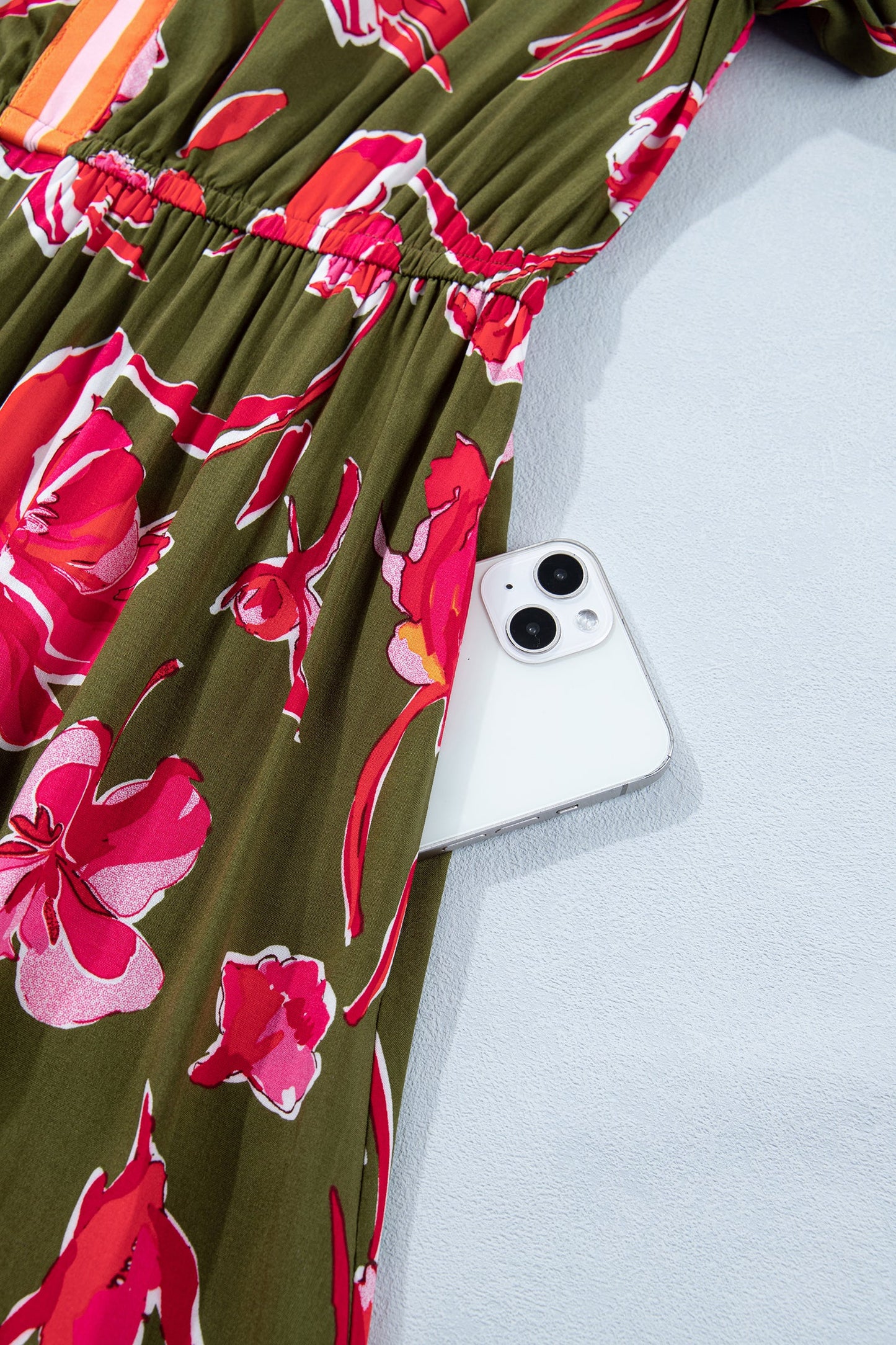 Floral Stripe Trim Puff Sleeve Split Maxi Dress