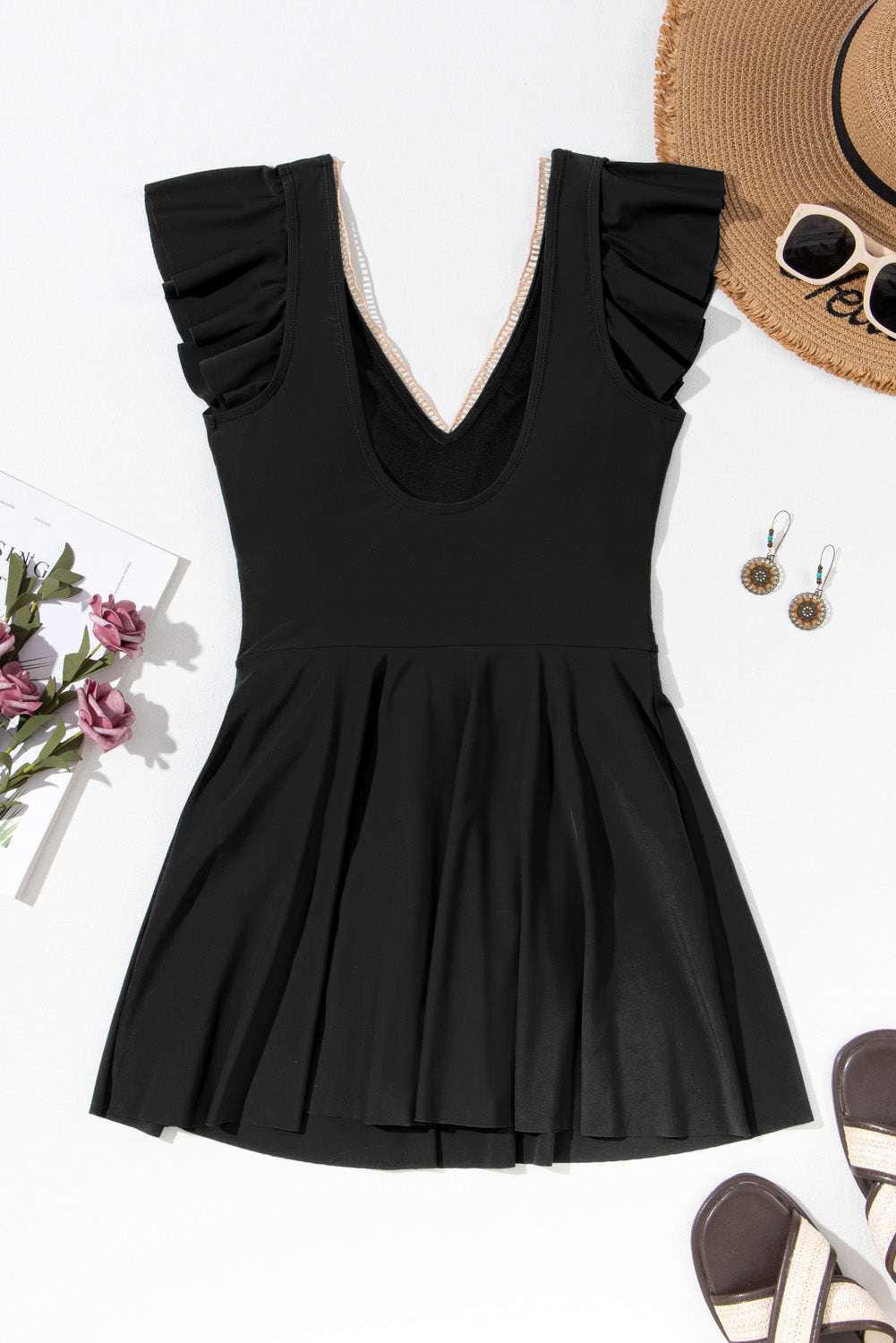 Ruffle Lace Trim V-Neck Short Sleeve Swim Dress Rose Red / S
