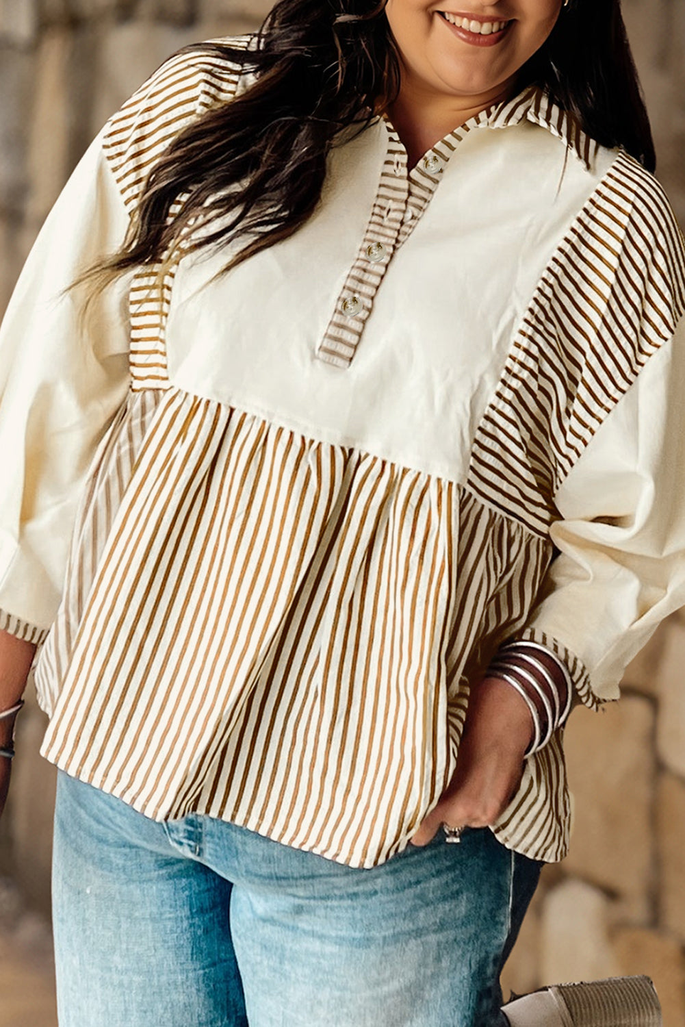 Plus Size Stripe Colorblock Patchwork Half-Button Blouse