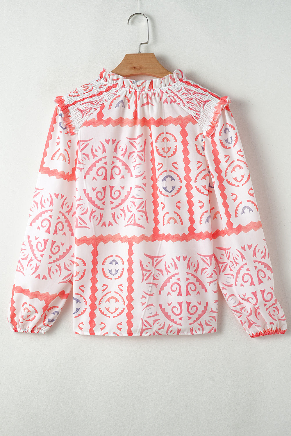 Abstract Poet Collar Smocked Long Sleeve Blouse