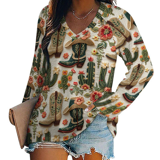 Baha Ranch Cactus and Boots Long Sleeve Top