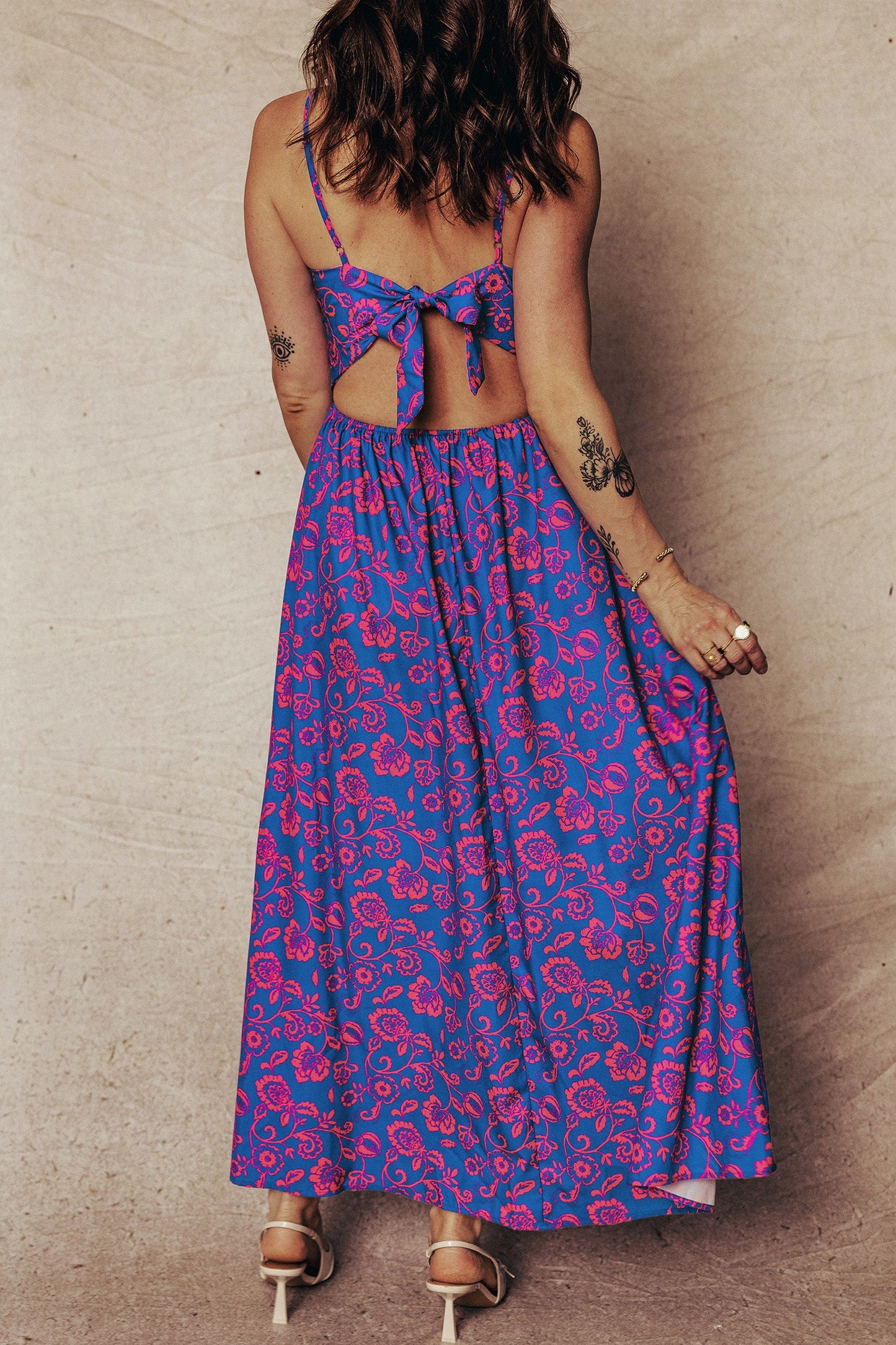 Floral Twisted V-Neck Tied Backless Maxi Dress