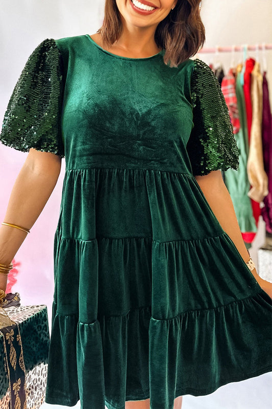 Velvet Sequin Puff Sleeve Tiered Mini Dress
