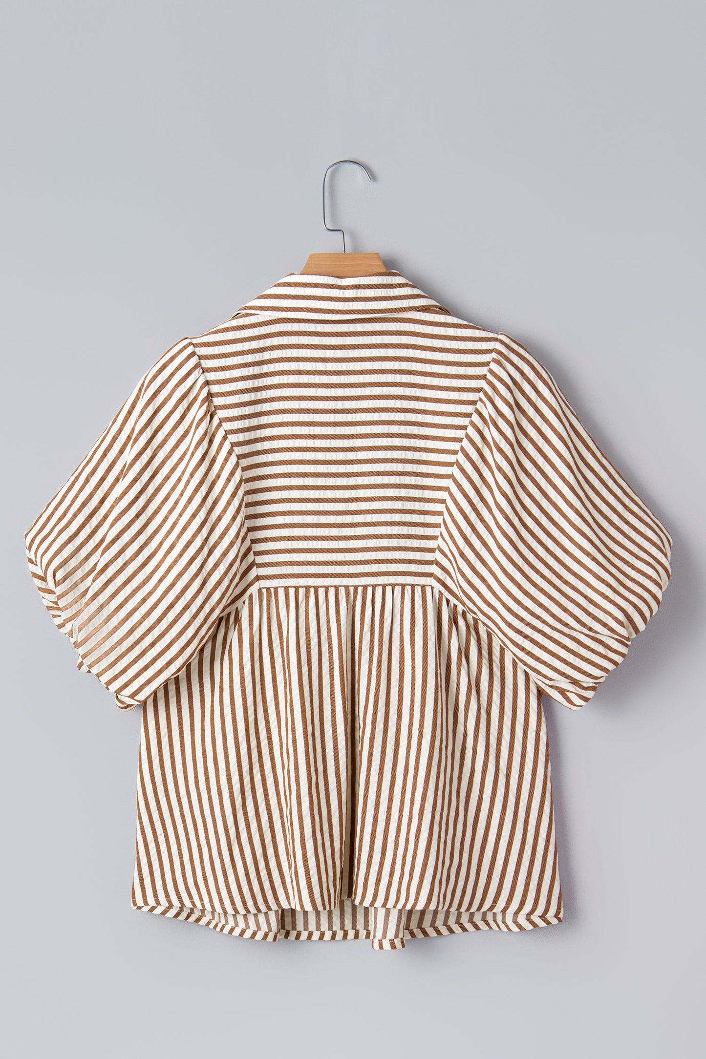 Stripe Shirred V-Neck Short Puff Sleeve Blouse