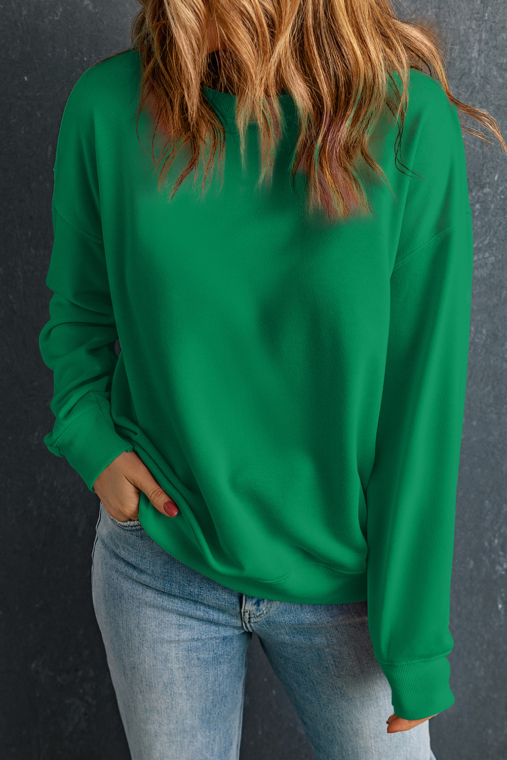 Solid Drop Shoulder Crewneck Pullover Sweatshirt