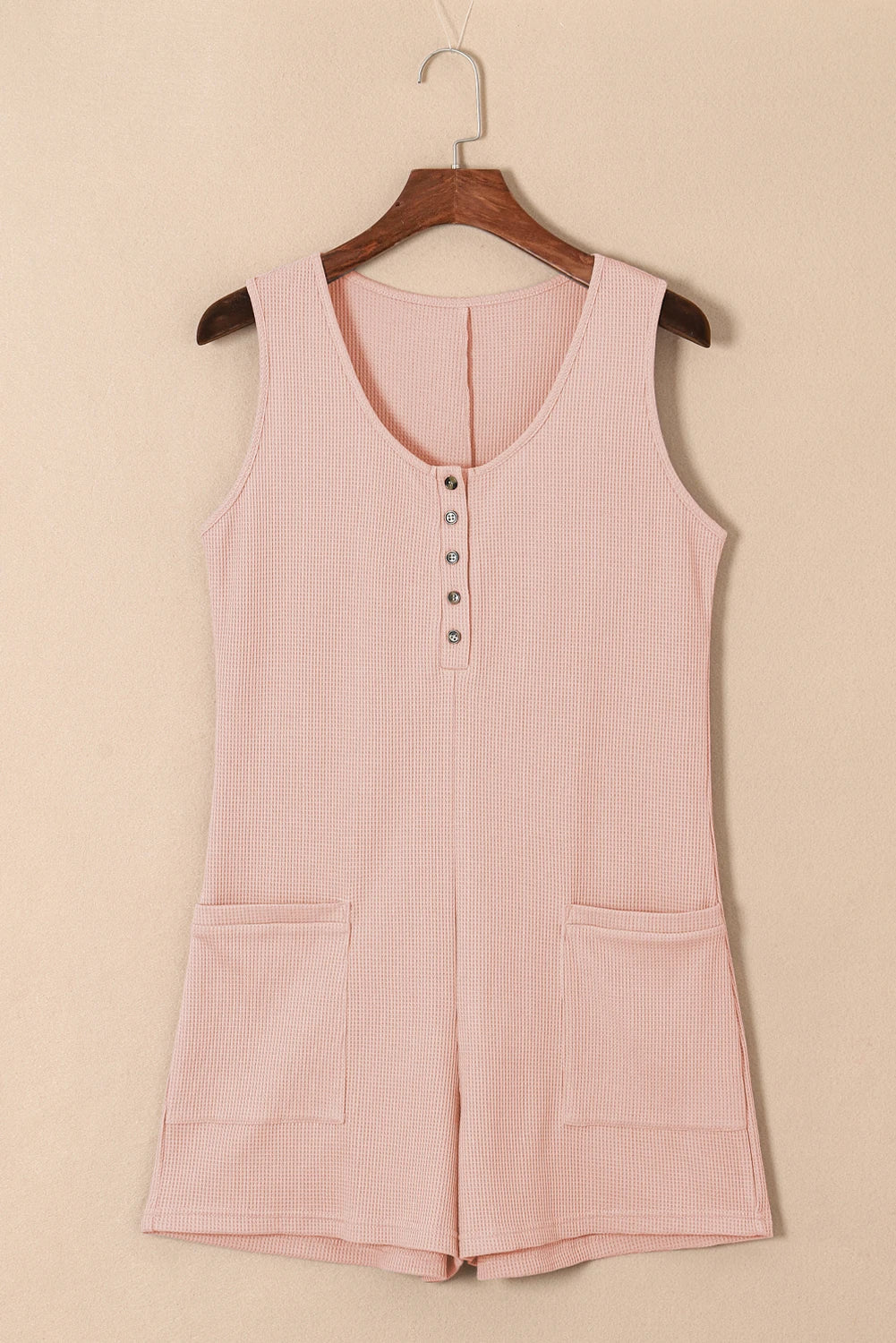 Solid Waffle Buttoned Scoop Neck Sleeveless Romper