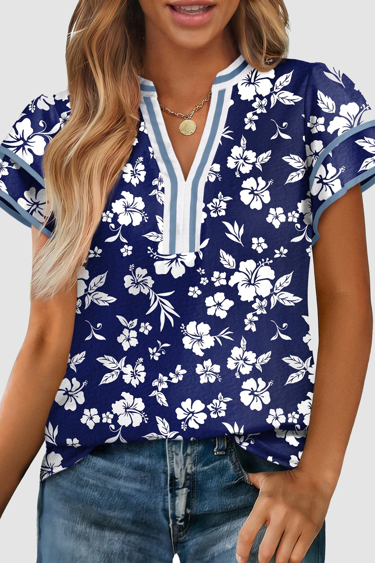 Floral Contrast Trim Split Neck Double Ruffle Blouse