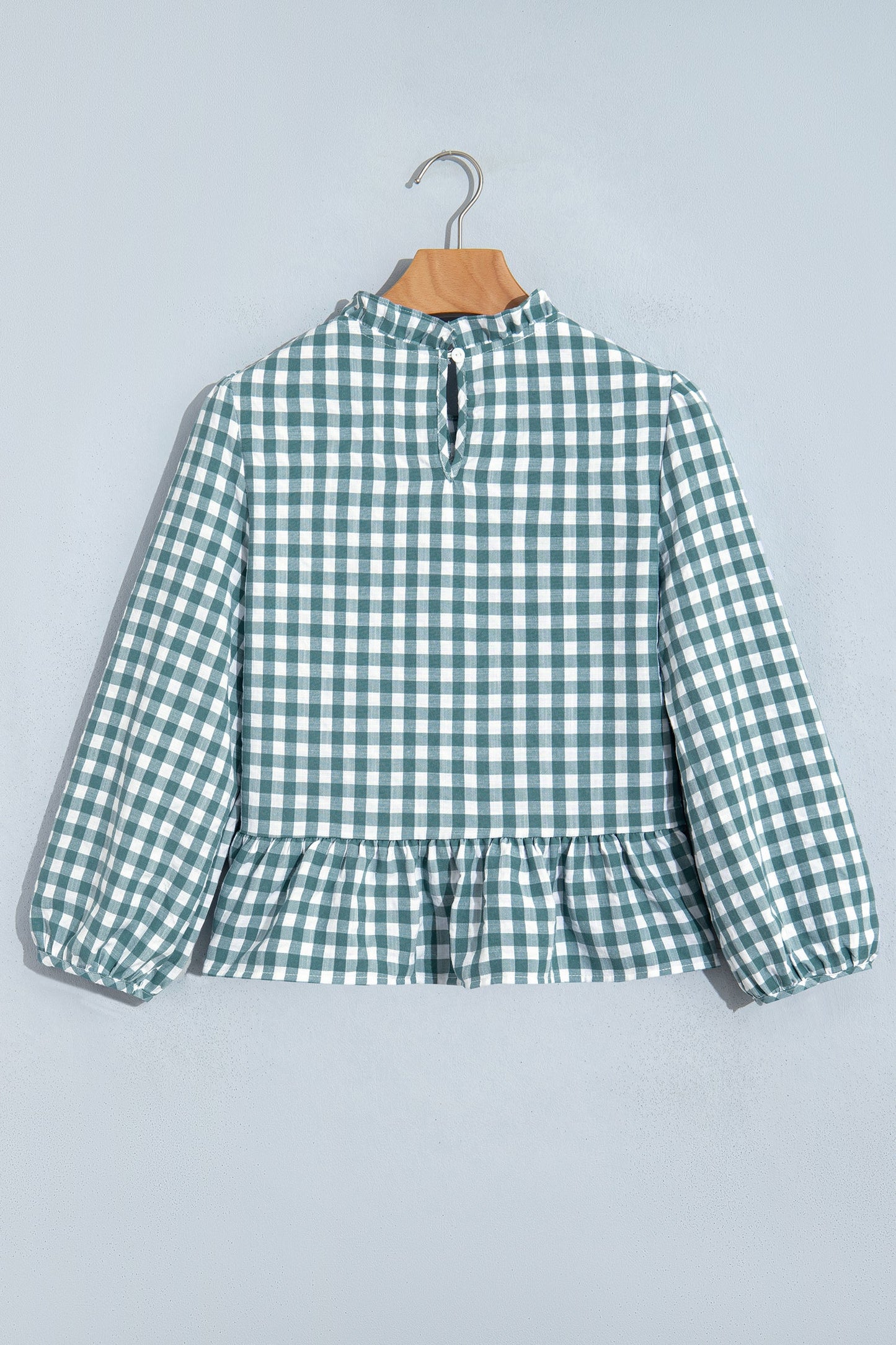 Gingham Shirred Long Sleeve Peplum Top