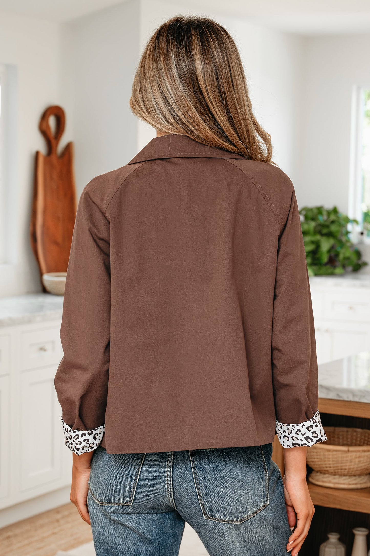 Leopard Lined Button Up Collared Jacket