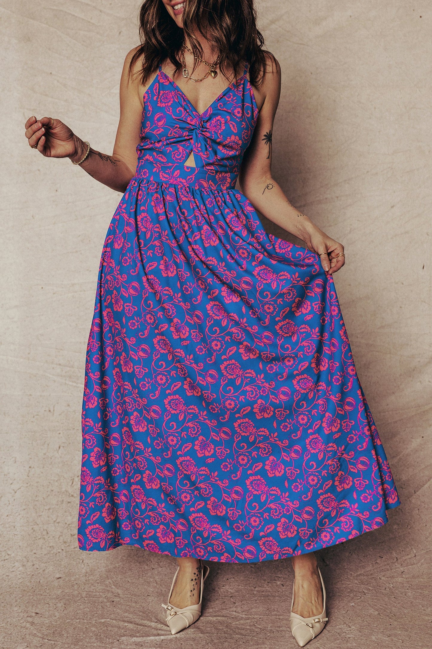 Floral Twisted V-Neck Tied Backless Maxi Dress