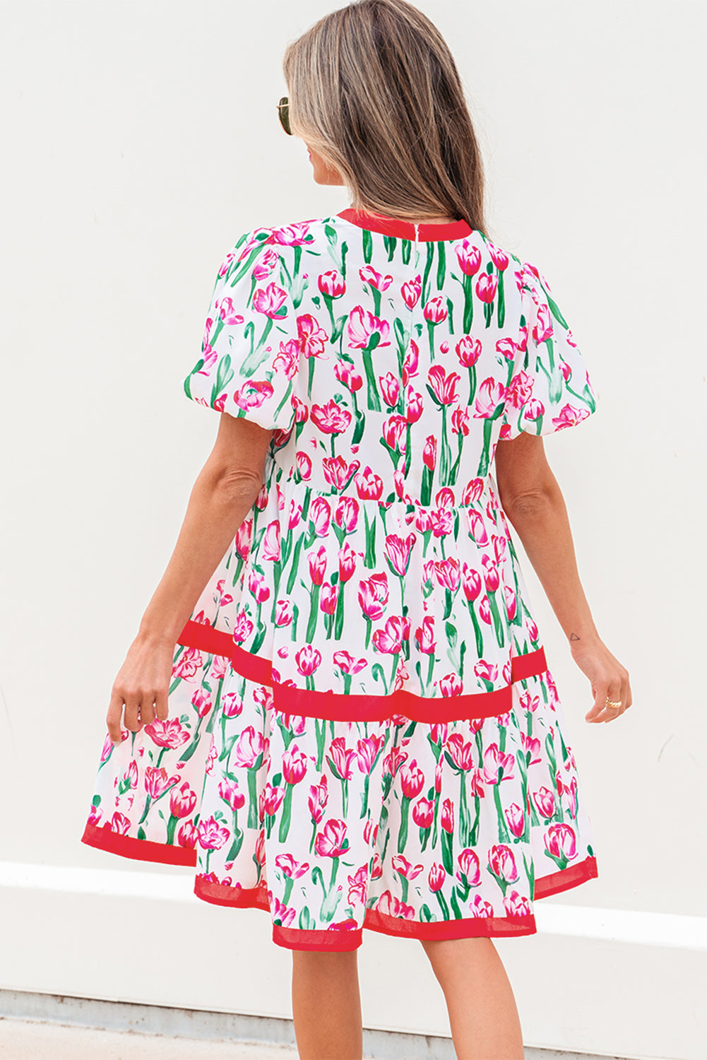Floral Contrast Trim V-Neck Babydoll Dress