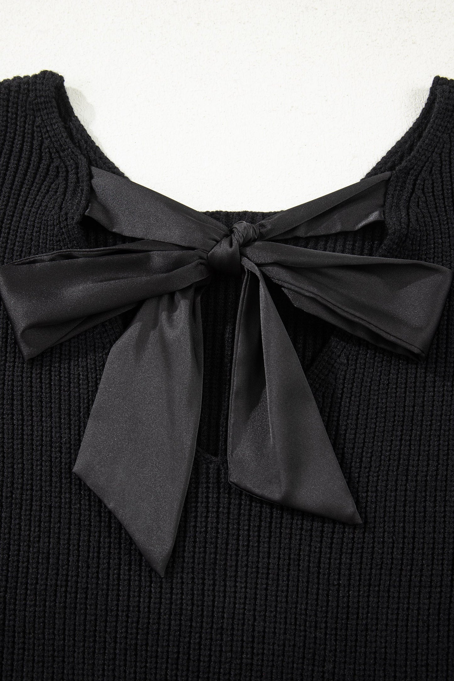Ribbon Knot Backless Drop Shoulder Ribbed Sweater