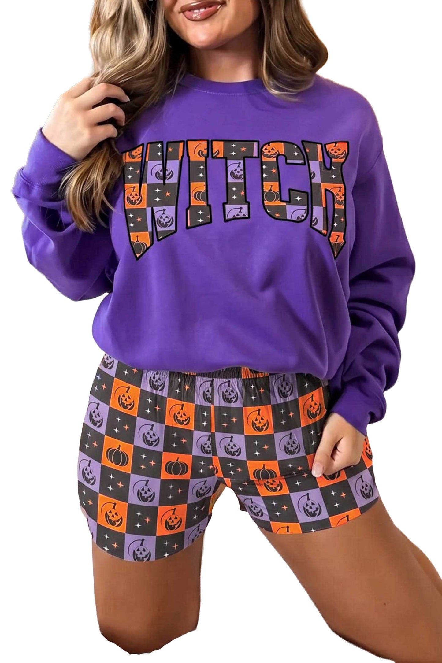 Halloween Witch Long Sleeve Top & Checker Shorts Set