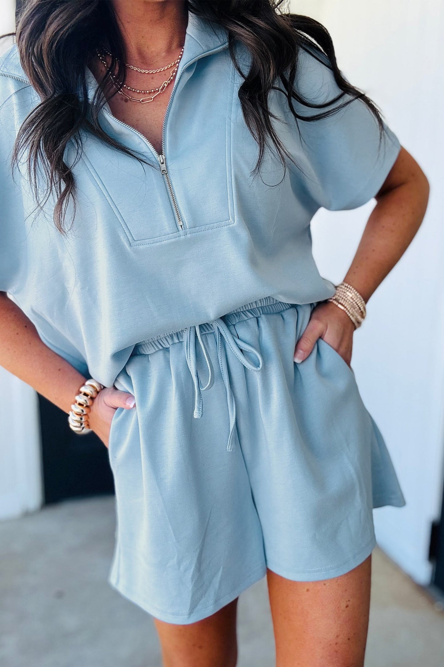 Solid Half Zip Sweatshirt and Shorts Set