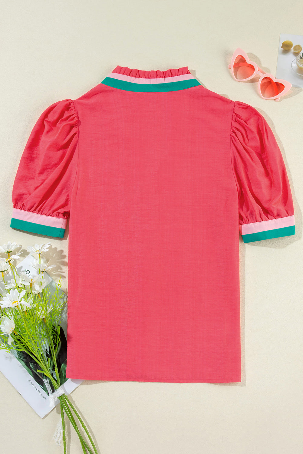 Colorful Trim V-Neck Short Sleeve Blouse