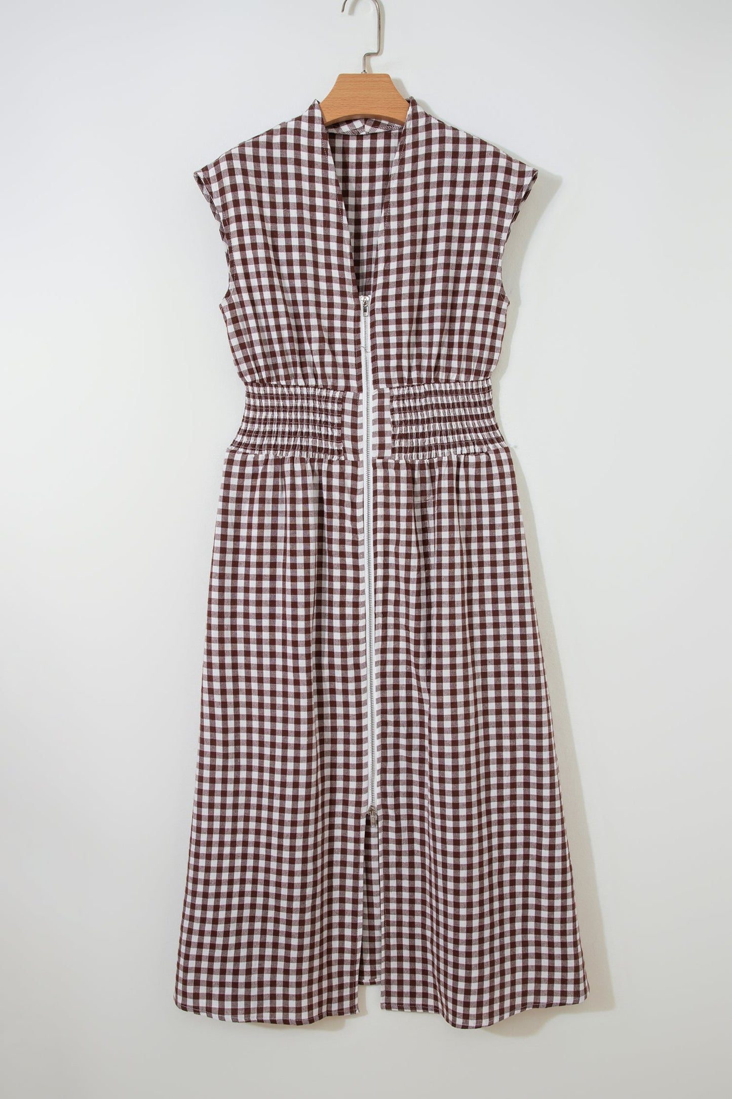 Plaid Zipper Cinched Waist Fit Flare Maxi Dress