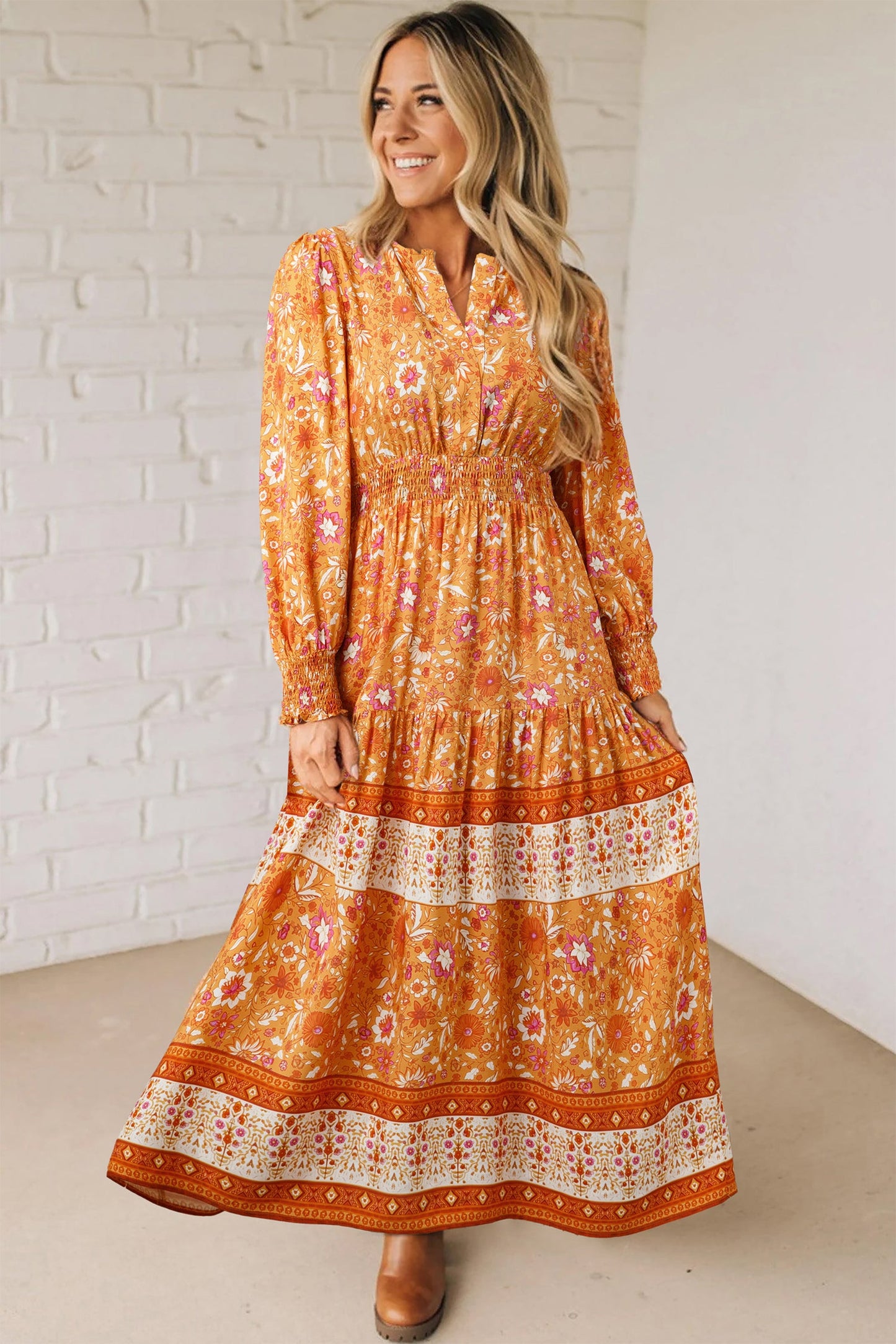 Boho Floral Smocked Waist Long Sleeve Maxi Dress