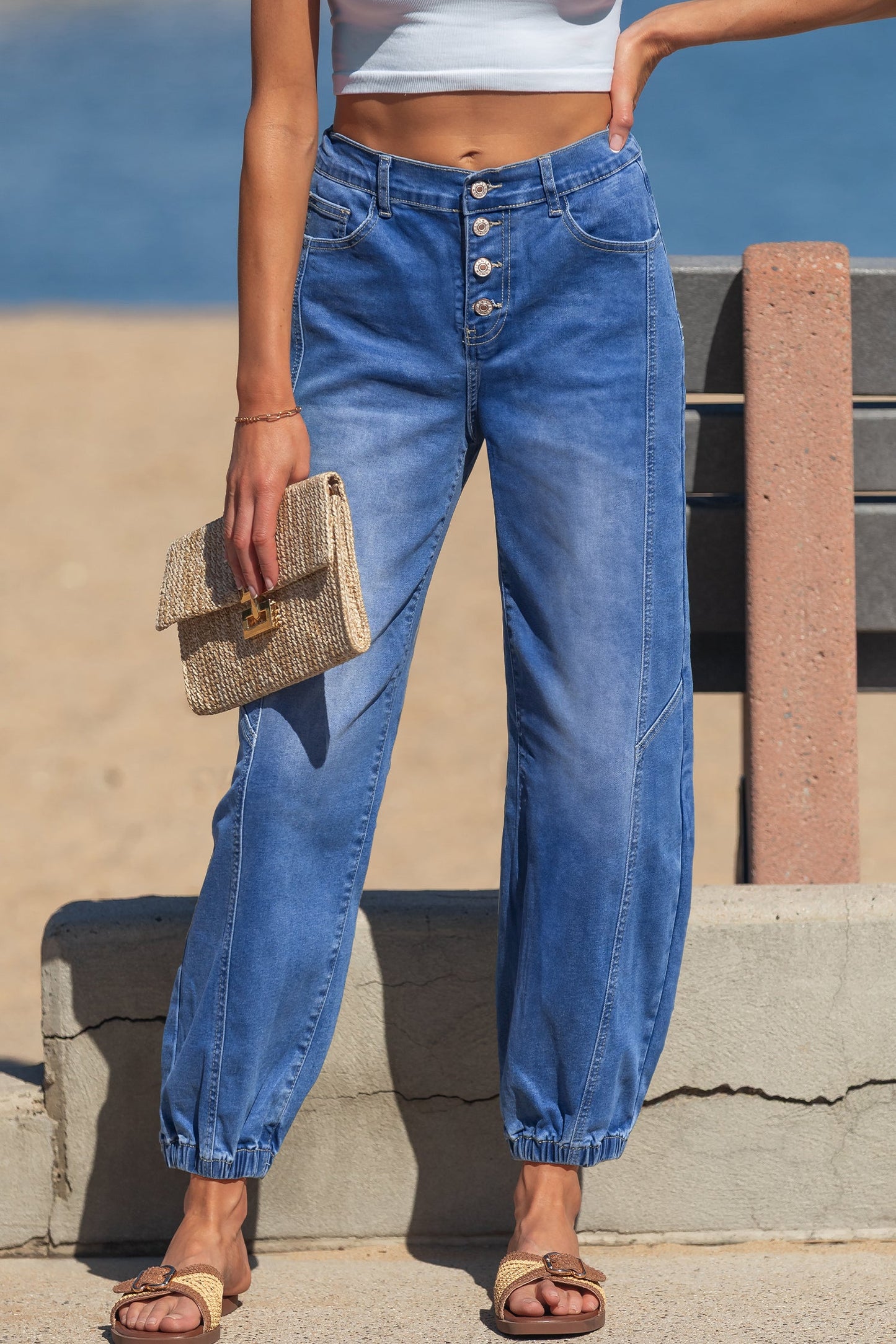 Denim Buttoned Fly Tapered Barrel Leg Jeans