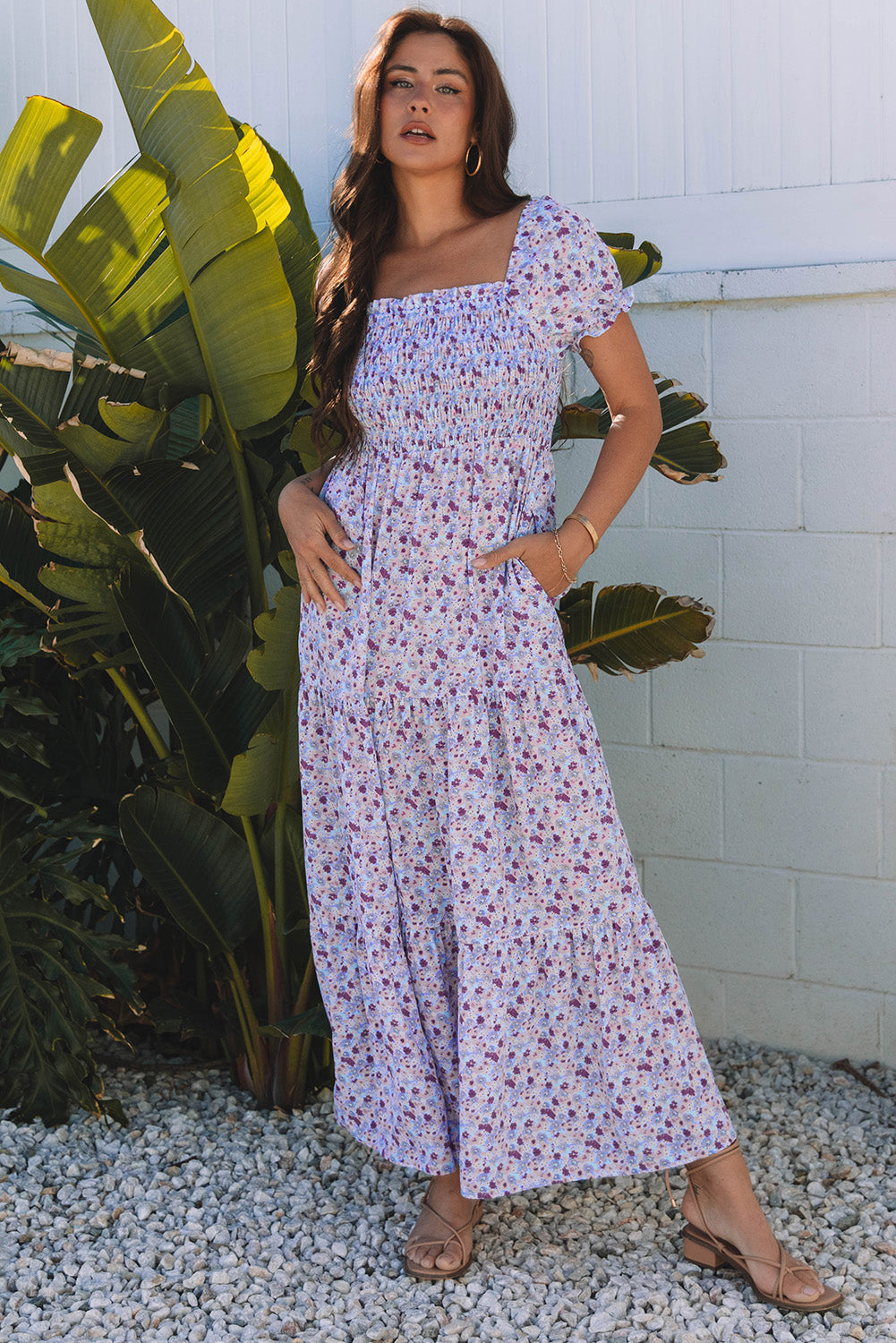 Floral Bubble Sleeve Shirred High Waist Maxi Dress