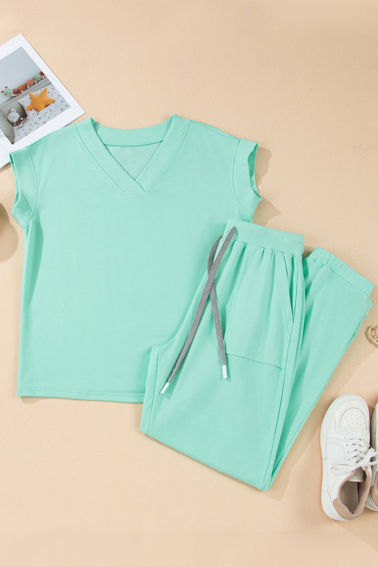 Solid V-Neck Tee & Drawstring Pants Set