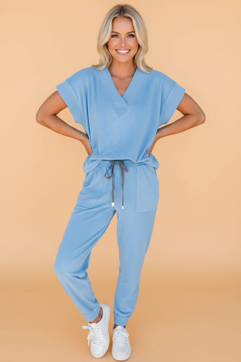 Solid V-Neck Tee & Drawstring Pants Set