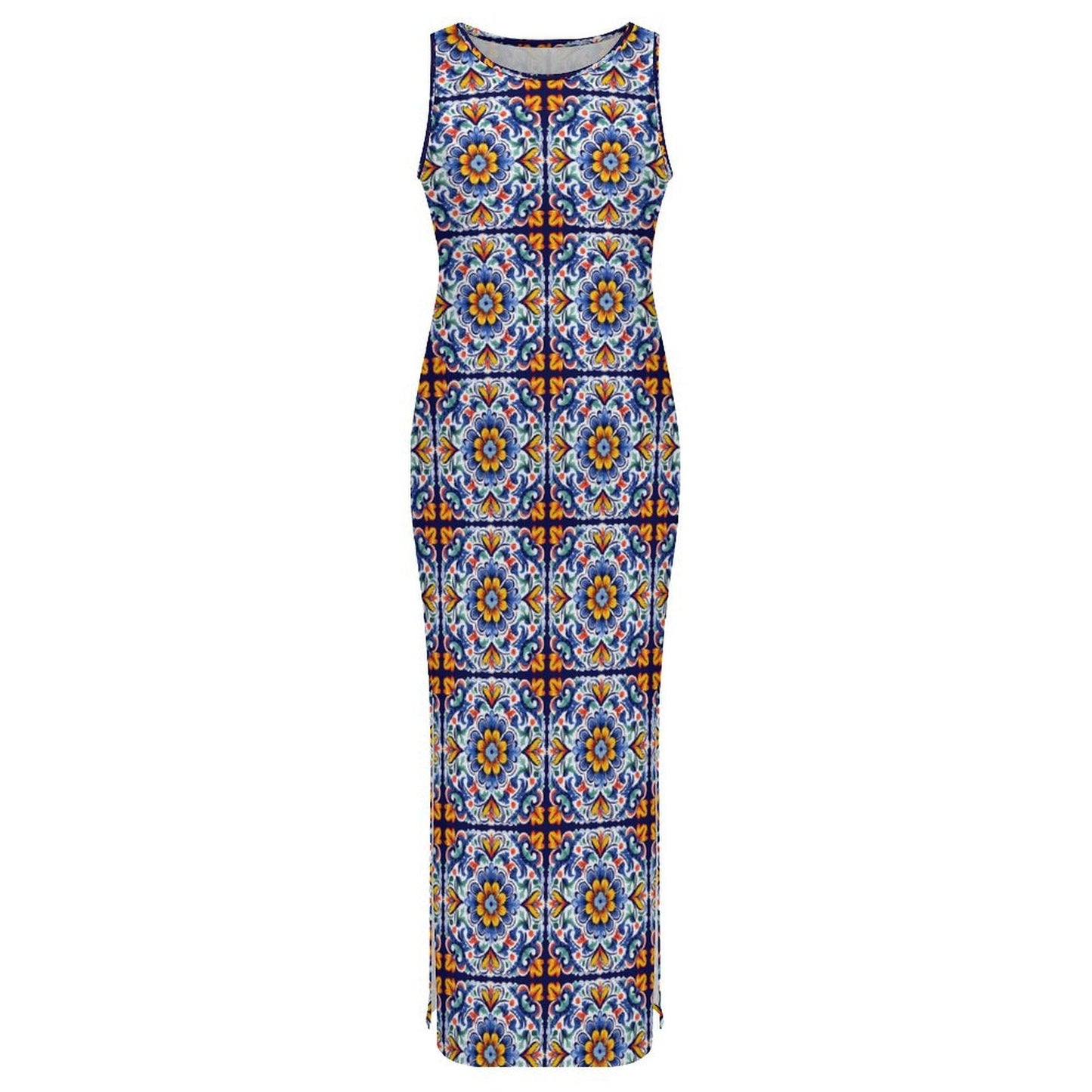 Colores de Mexico Talavera Sleeveless Bodycon Side Slit Long Dress